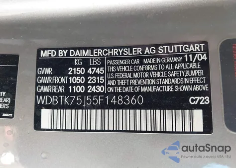 2005 Mercedes-Benz Clk 500 из США, поврежденный, VIN WDBTK75J55F148360